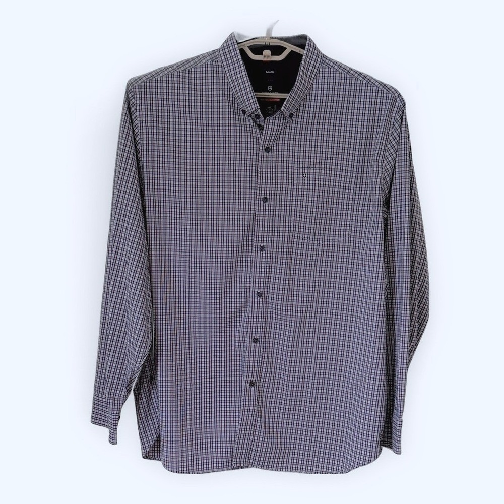 Victorinox Swiss Army Mens XXL Tailored Fit Micro Check Button Down Shirt Navy